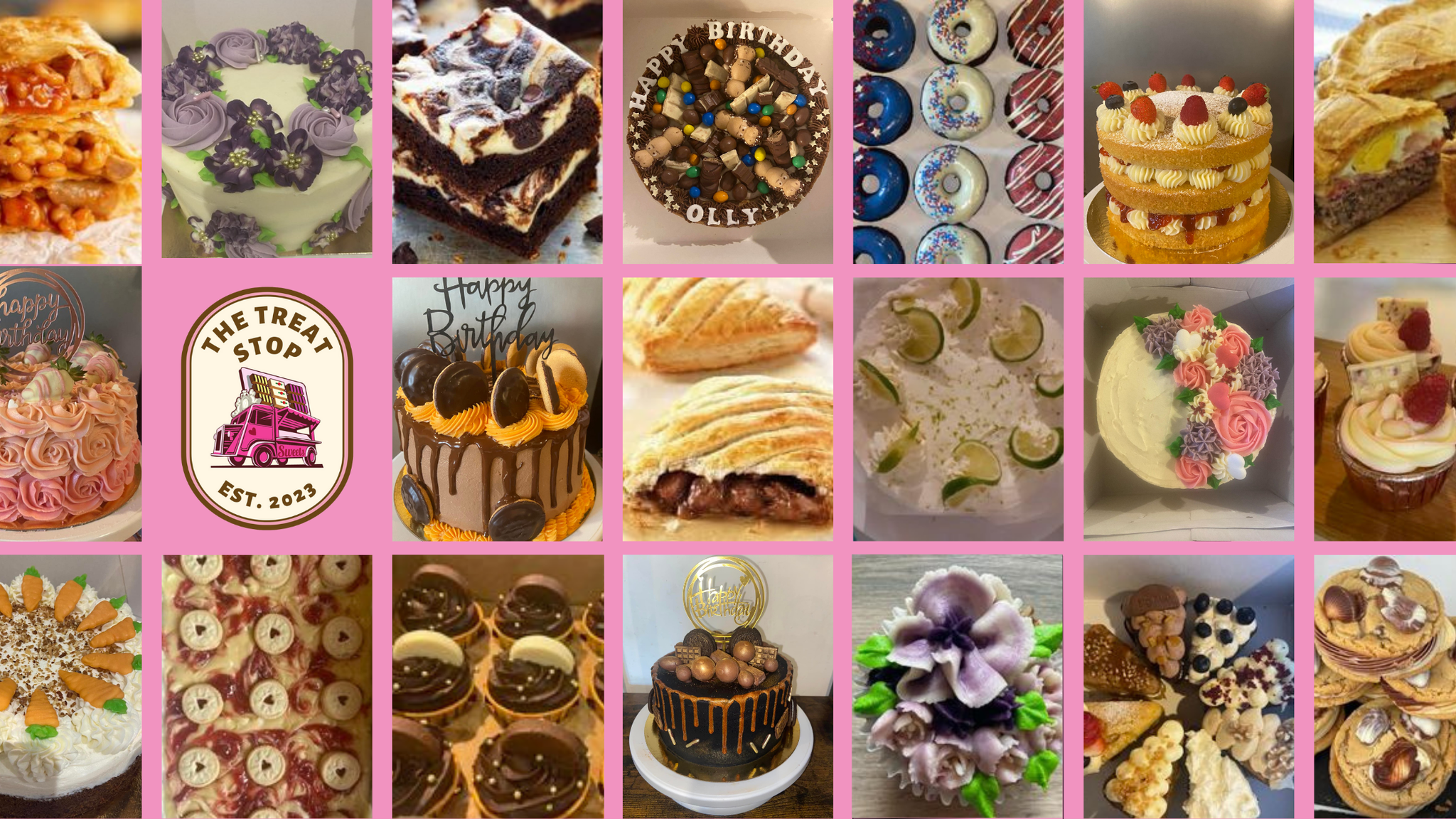 A collage of bakes from The Treat Stop including sausage rolls, buttercream flower cakes, cheesecake brownies, birthday cakes, iced doughnuts, Victoria sponge, key lime cake, cupcakes and cookies