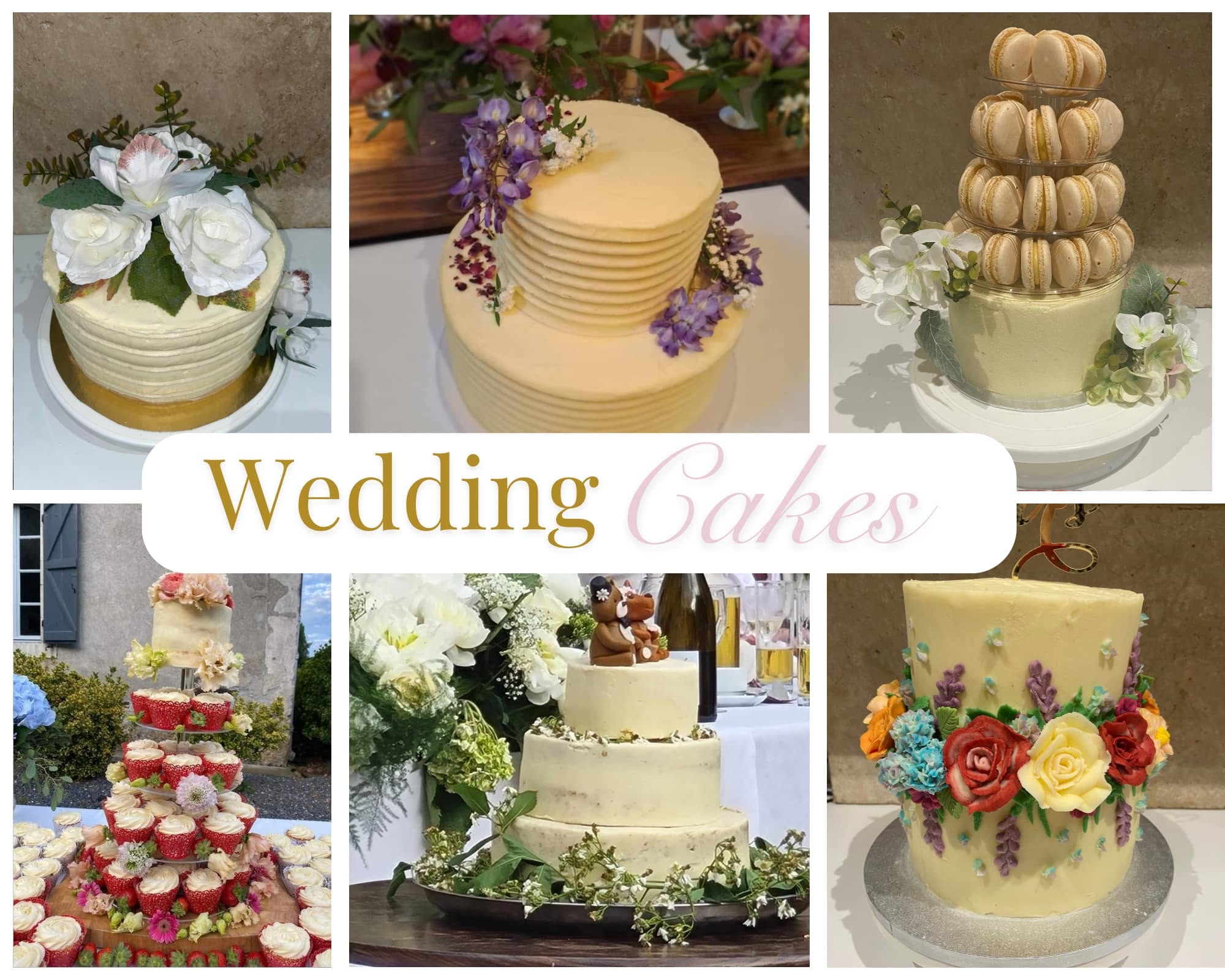 A collage of wedding cakes including a buttercream cake with white roses, a two tier cake with wisteria, a macaron tower, a cupcake tower and a three tier semi naked cake